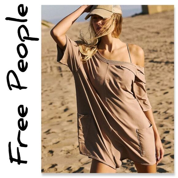 NWT Free People Hot Shot Tee Romper in Mocha Latte - Picture 1 of 16